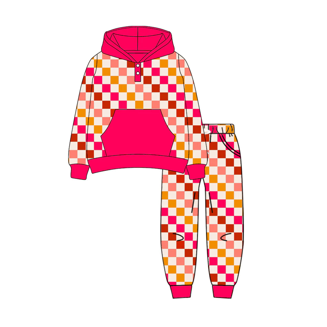 7.11Preorder (moq 5)Baby Boys Long Sleeves Pink Plaid Button Pockets Hoodies Top Legging Pants Set