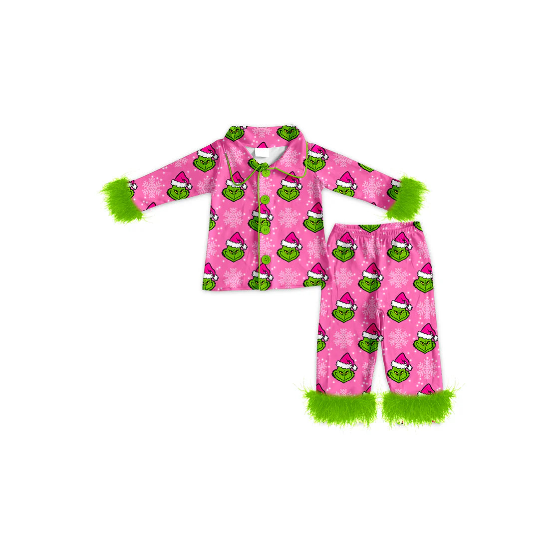 8.2Preorder (moq 5)Baby Girls Christmas Hats Green Face Snowflake Button Fur Pajamas Set