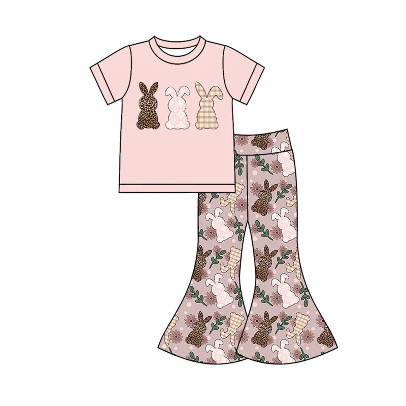 X12.17 Preorder (moq 5)Baby Girls Leopard Rabbits Top Bell Bottom Pants Easter Clothes Sets