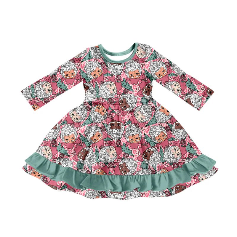 7.10Preorder (moq 5)Baby Girls Long Sleeves Leopard Santa Plaid Green Ruffle Knee Length Dresses