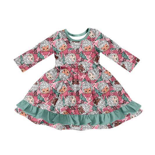 7.10Preorder (moq 5)Baby Girls Long Sleeves Leopard Santa Plaid Green Ruffle Knee Length Dresses