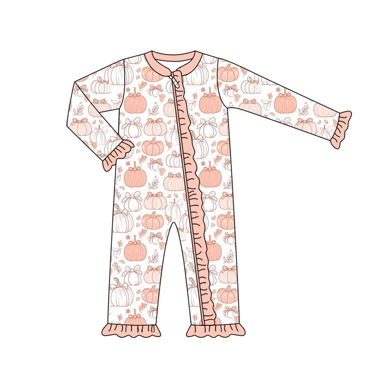 7.15Preorder (moq 5)Baby Girls Pink Long Sleeves Flower Pumpkins Ruffle Zipper Romper