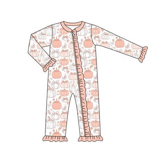 7.15Preorder (moq 5)Baby Girls Pink Long Sleeves Flower Pumpkins Ruffle Zipper Romper