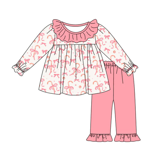 7.16Preorder (moq 5)Baby Girls Long Ruffle Sleeves Bows Candy Cane Tunic Pants Set