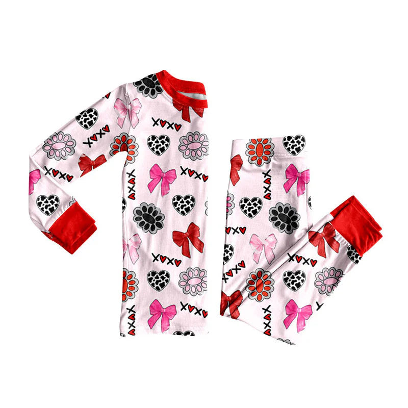 X908Preorder (moq 5)Baby Girls Bows Turquoises XOXO Hearts Top Pants Valentine Pajamas Set