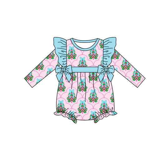7.15Preorder (moq 5)Baby Girls Pink Long Sleeves Bows Trees Bows Plaid Ruffle Romper