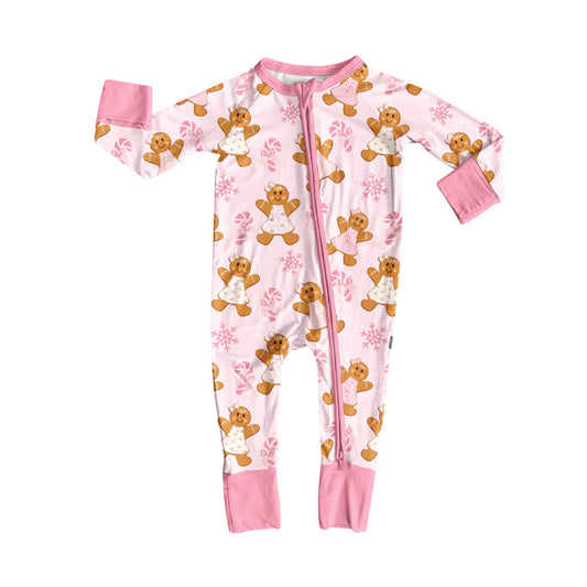 7.15Preorder (moq 5)Baby Girls Long Sleeves Pink Bows Candy Cane Gingerbread Zipper Romper