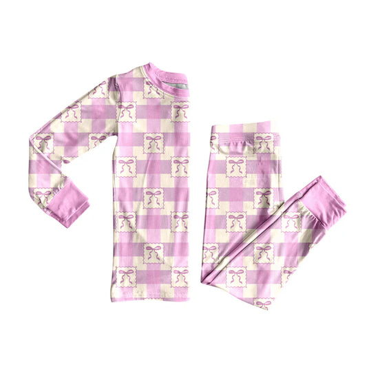 X8.15Baby Girls Pink Checkered Bows Top Pants Lounge Wear Pajamas Sets