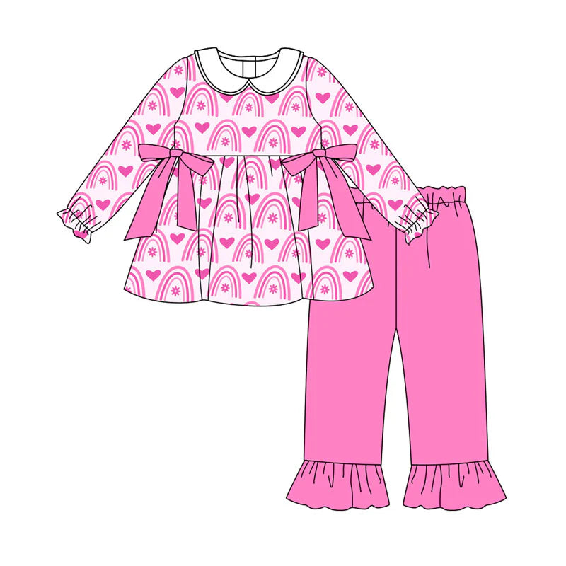 X919Preorder (moq 5)Baby Girls Pink Rainbows Hearts Bows Tunic Ruffle Pants Valentine Clothes Set