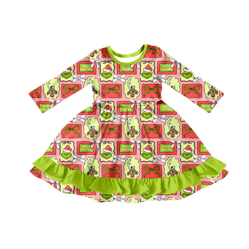 8.2Preorder (moq 5)Baby Girls Christmas Green Face Bows Plaid Ruffle Knee Length Dresses