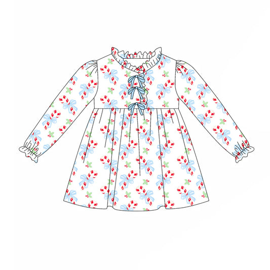 7.31preorder(moq 5) Baby Girls Long Sleeves Blue Bows Candy Cane Plaid Knee Length Dress