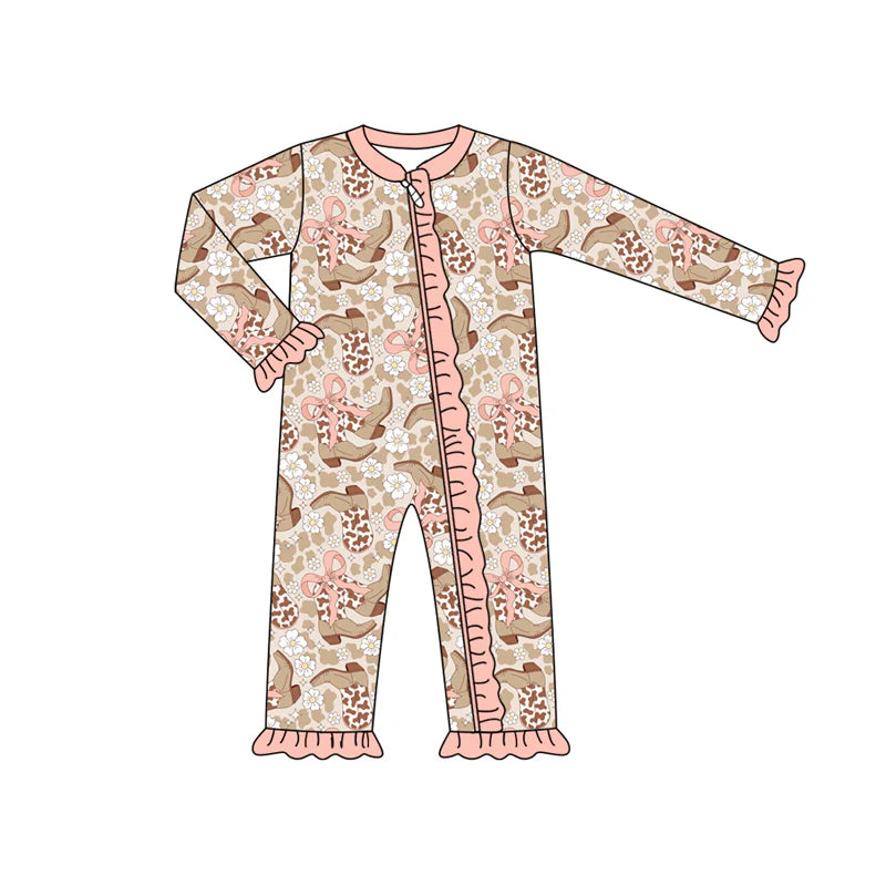 7.15Preorder (moq 5)Baby Girls Long Sleeves Bows Leopard Boots Flowers Ruffle Zipper Romper