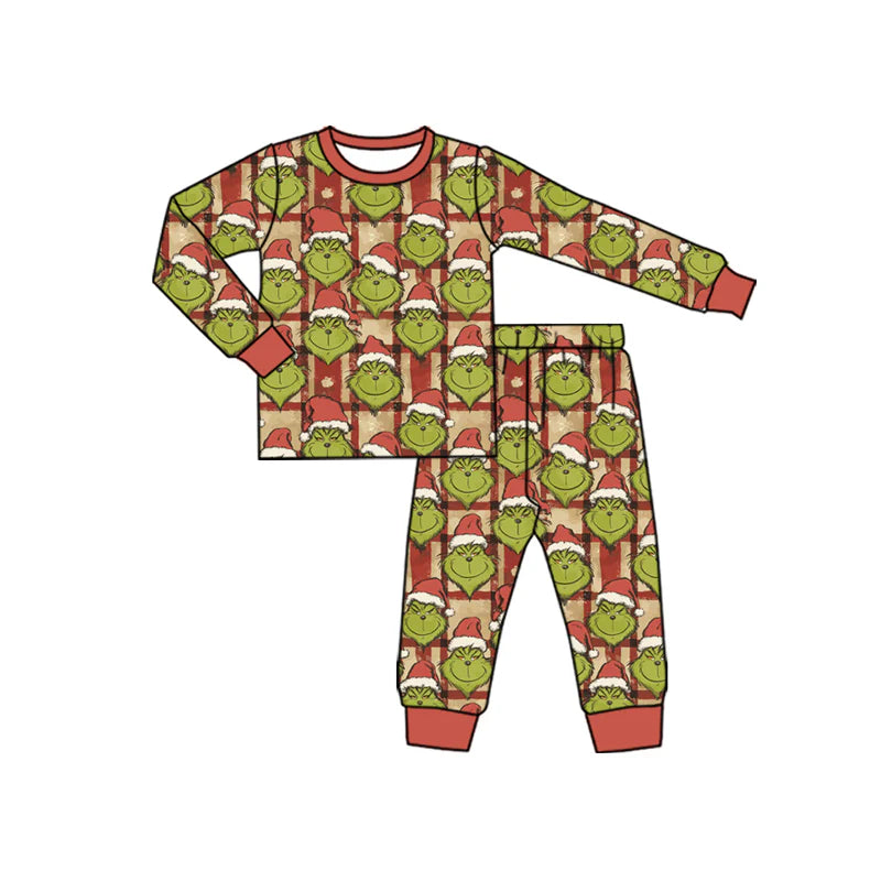 7.30Preorder(moq 5) Baby Boys Long Sleeves Green Faces Plaid Top Pants Pajamas Set