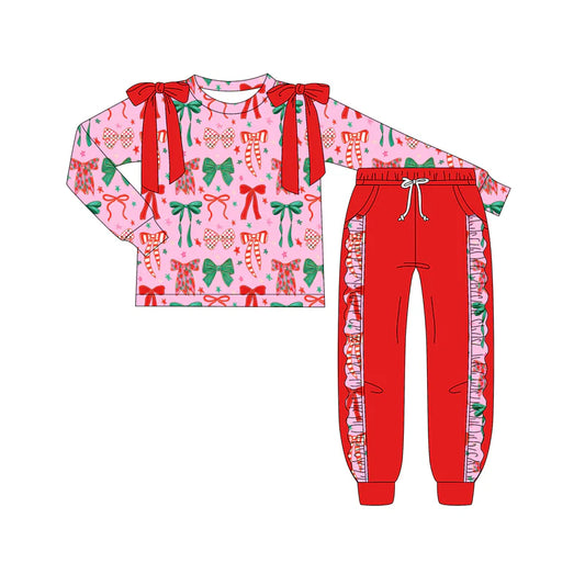 X917Preorder (moq 5)Baby Girls Long Sleeves Green Red Bows Plaid Top Legging Pants Set