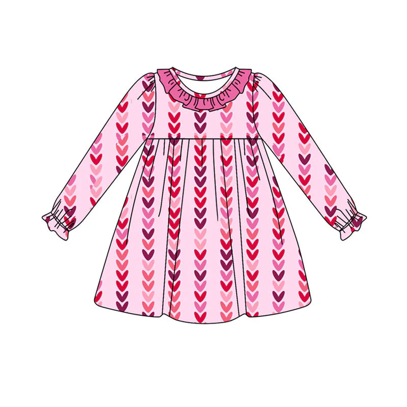 X922Preorder (moq 5)Baby Girls Long Ruffle Sleeve Hearts Stripe Valentine Knee Length Dresses