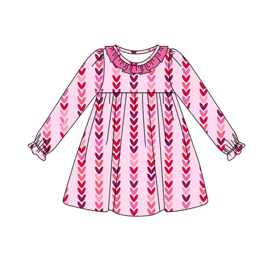 X922Preorder (moq 5)Baby Girls Long Ruffle Sleeve Hearts Stripe Valentine Knee Length Dresses