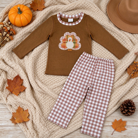 NEW RTS NO MOQ milk silk BLP1516 Embroidery Turkey Baby Boys Top Checked Pants Thanksgivings Clothes Set