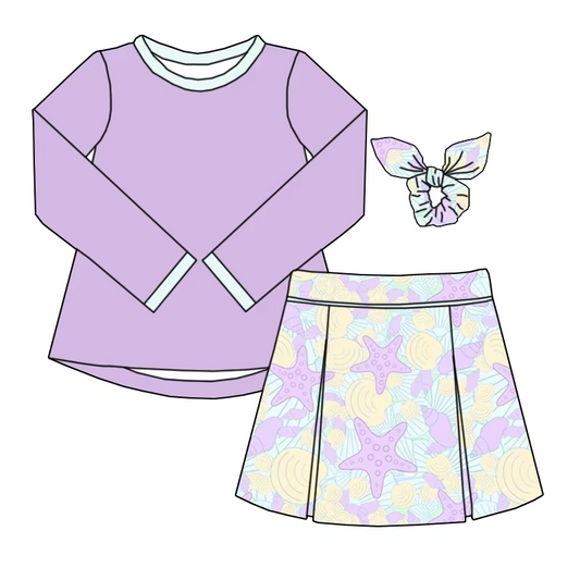 6.10 solid color top purple starfish skirt pants set