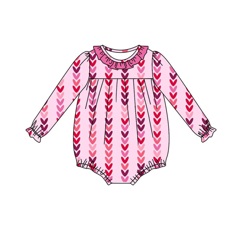 X922Preorder (moq 5)Baby Girls Long Ruffle Sleeve Hearts Stripe Valentine Rompers