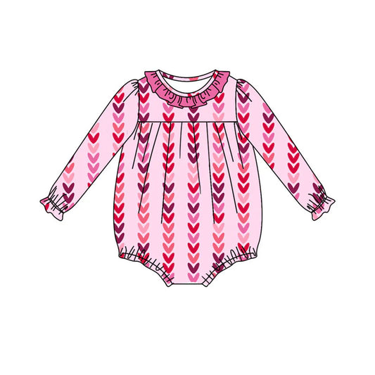X922Preorder (moq 5)Baby Girls Long Ruffle Sleeve Hearts Stripe Valentine Rompers