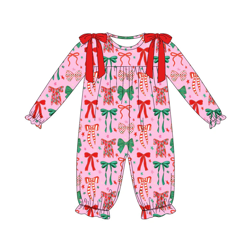 8.1Preorder(moq 5)Baby Girls Long Sleeves Green Red Bows Plaid Ruffle Pant Rompers
