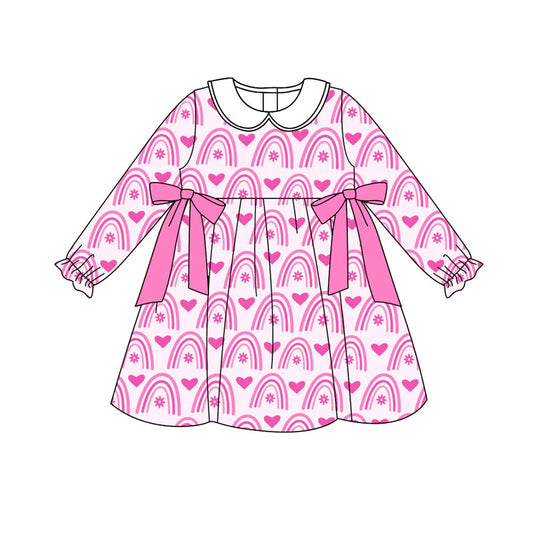 X919Preorder (moq 5)Baby Girls Pink Rainbows Hearts Bows Valentine Knee Length Dresses