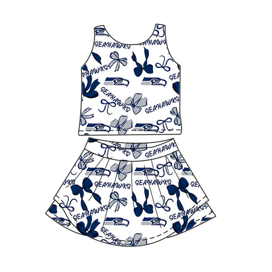 7.1Preorder (moq 5)Baby Girls Blue Sleeveless Bows Plaid Seahawks Top Skorts Team Set