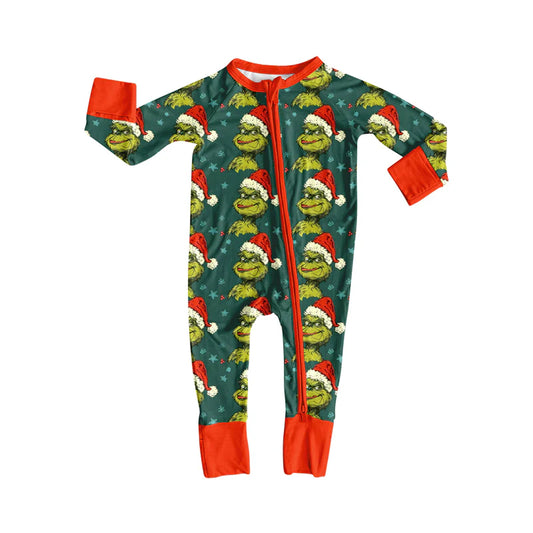 8.8Preorder(moq 5)Baby Boys Green Face Stars Stripe Christmas Zipper Footie Rompers