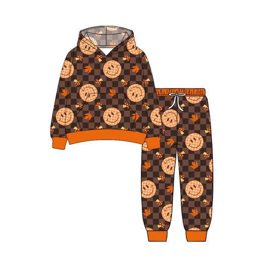 7.10Preorder (moq 5)Baby Boys Long Sleeves Brown Plaid Smiles Leaves Pockets Hoodie Pant Clothes Set
