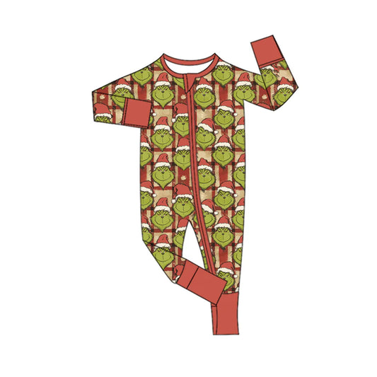 8.6Preorder(moq 5)Baby Infant Boys Long Sleeves Green Face Plaid Christmas Zipper Rompers