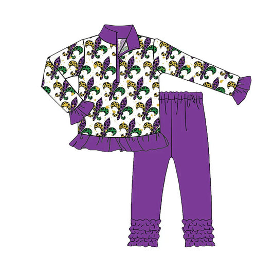 X926Preorder (moq 5)Baby Girls Anchors Zipper Pullover Ruffle Legging Mardigras Clothes Sets