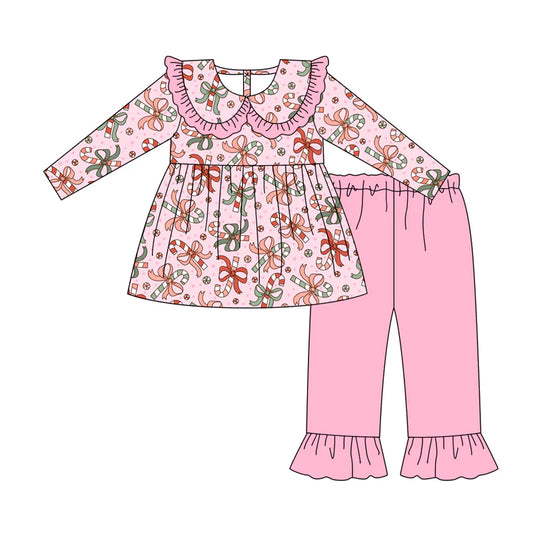 7.10Preorder (moq 5)Baby Girls Long Sleeves Bows Candy Cane Tunic Ruffle Pant Clothes Set