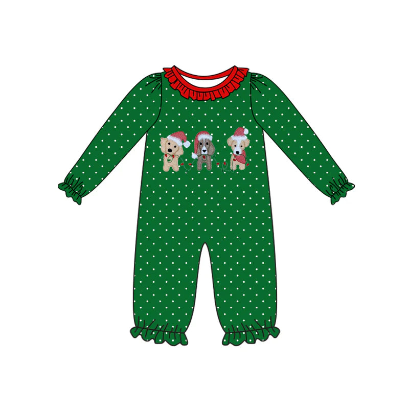 8.6Preorder(moq 5)Baby Infant Girls Green Polka Dots Dogs Ruffle Pants Christmas Rompers