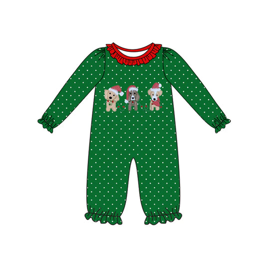 8.6Preorder(moq 5)Baby Infant Girls Green Polka Dots Dogs Ruffle Pants Christmas Rompers