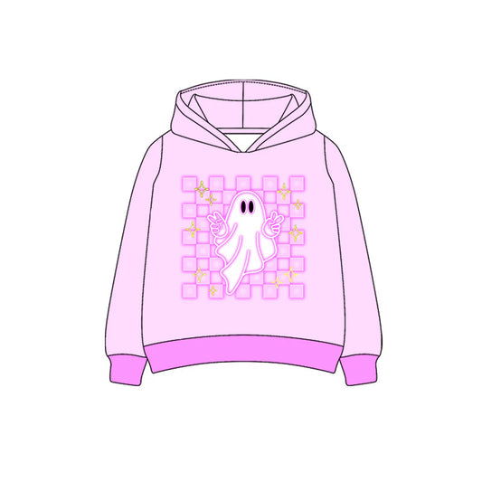 7.11Preorder (moq 5)Baby Girls Pink Long Sleeves Plaid Ghost Print Hoodies Top