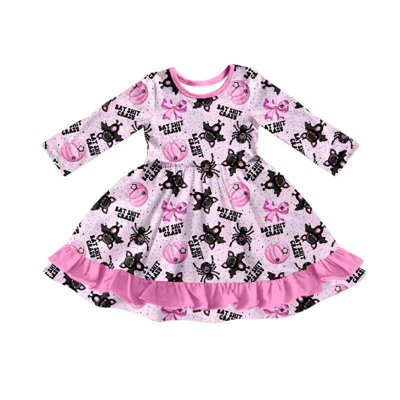 7.31Preorder(moq 5) Baby Girls Long Sleeves Bats Pumpkins Plaid Ruffle Knee Length Dresses