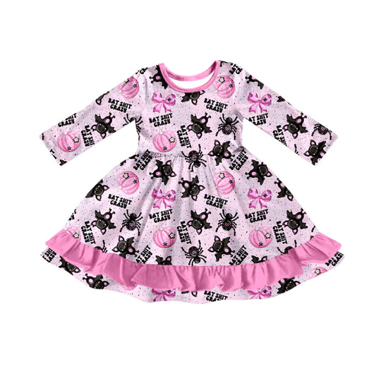 7.31Preorder(moq 5) Baby Girls Long Sleeves Bats Pumpkins Plaid Ruffle Knee Length Dresses
