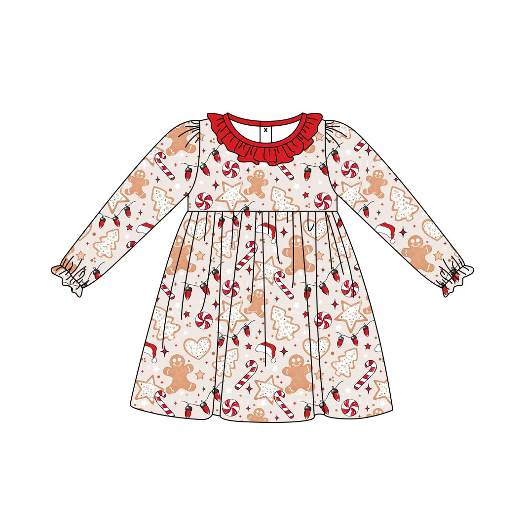 7.10Preorder (moq 5)Baby Girls Long Ruffle Sleeves Gingerbread Candy Cane Knee Length Dresses