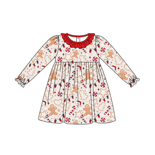 7.10Preorder (moq 5)Baby Girls Long Ruffle Sleeves Gingerbread Candy Cane Knee Length Dresses