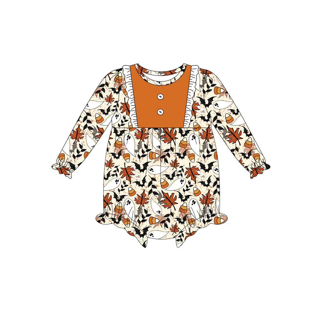 7.15Preorder (moq 5)Baby Girls Long Sleeves Ghost Pumpkins Bats Plaid Button Ruffle Romper