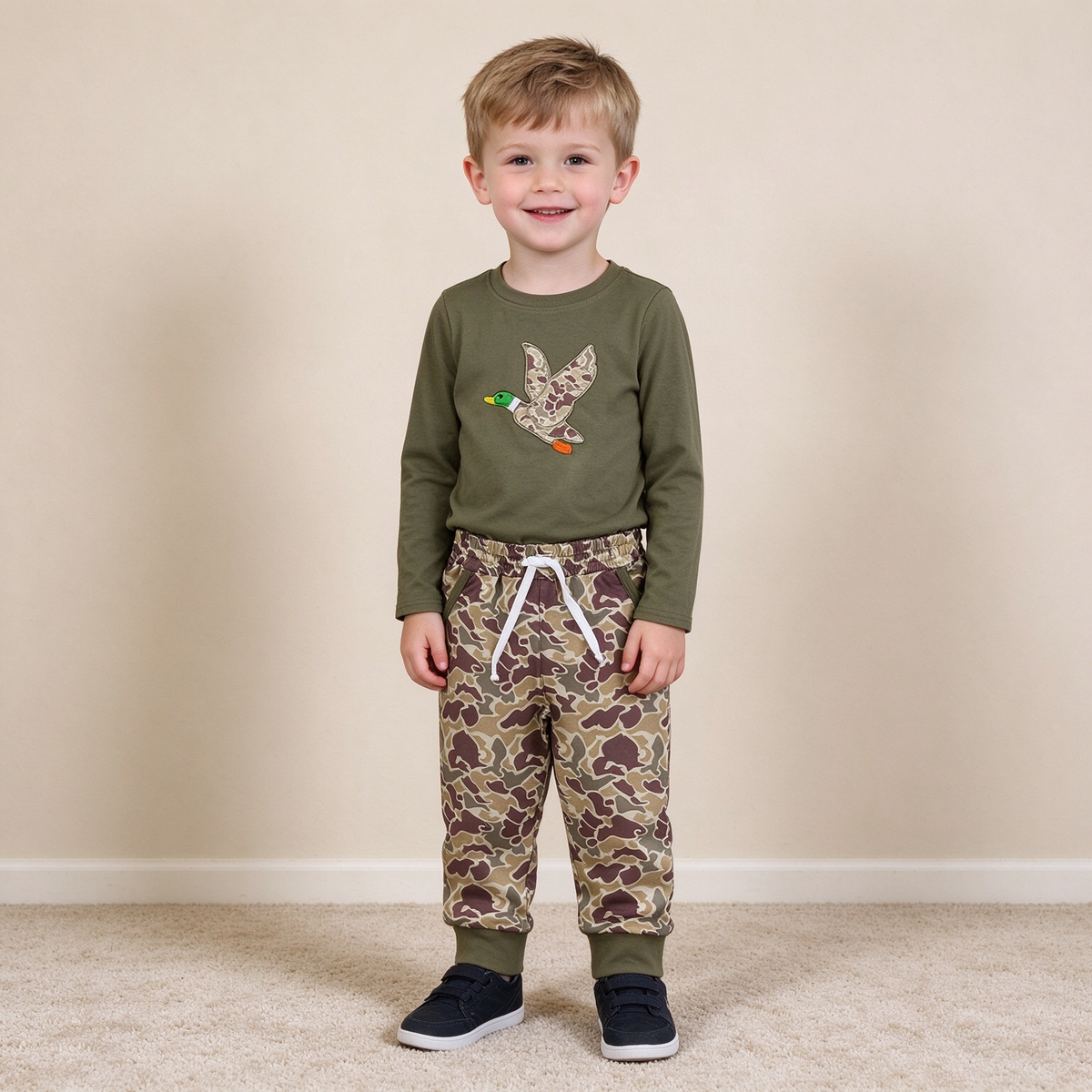 NEW RTS NO MOQ milk silk BLP1494 Embroidery Camo Duck Baby Boys Shirt Pockets Jogger Hunting Clothes Set