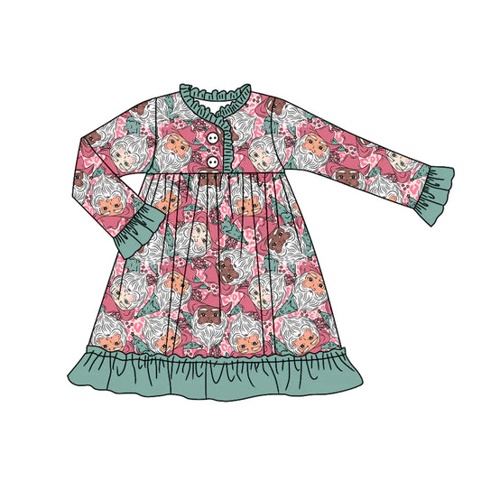 7.10Preorder (moq 5)Baby Girls Long Ruffle Sleeves Green Leopard Santa Button Knee Length Dresses