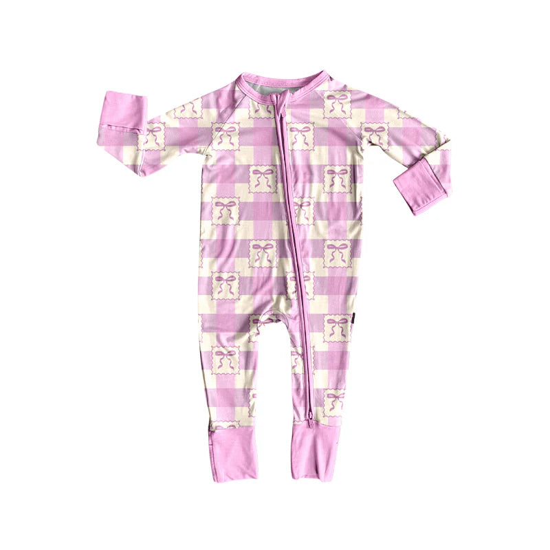 X8.15Baby Infant Pink Checkered Bows Zipper Footie Rompers