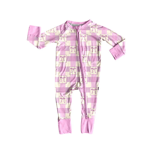 X8.15Baby Infant Pink Checkered Bows Zipper Footie Rompers