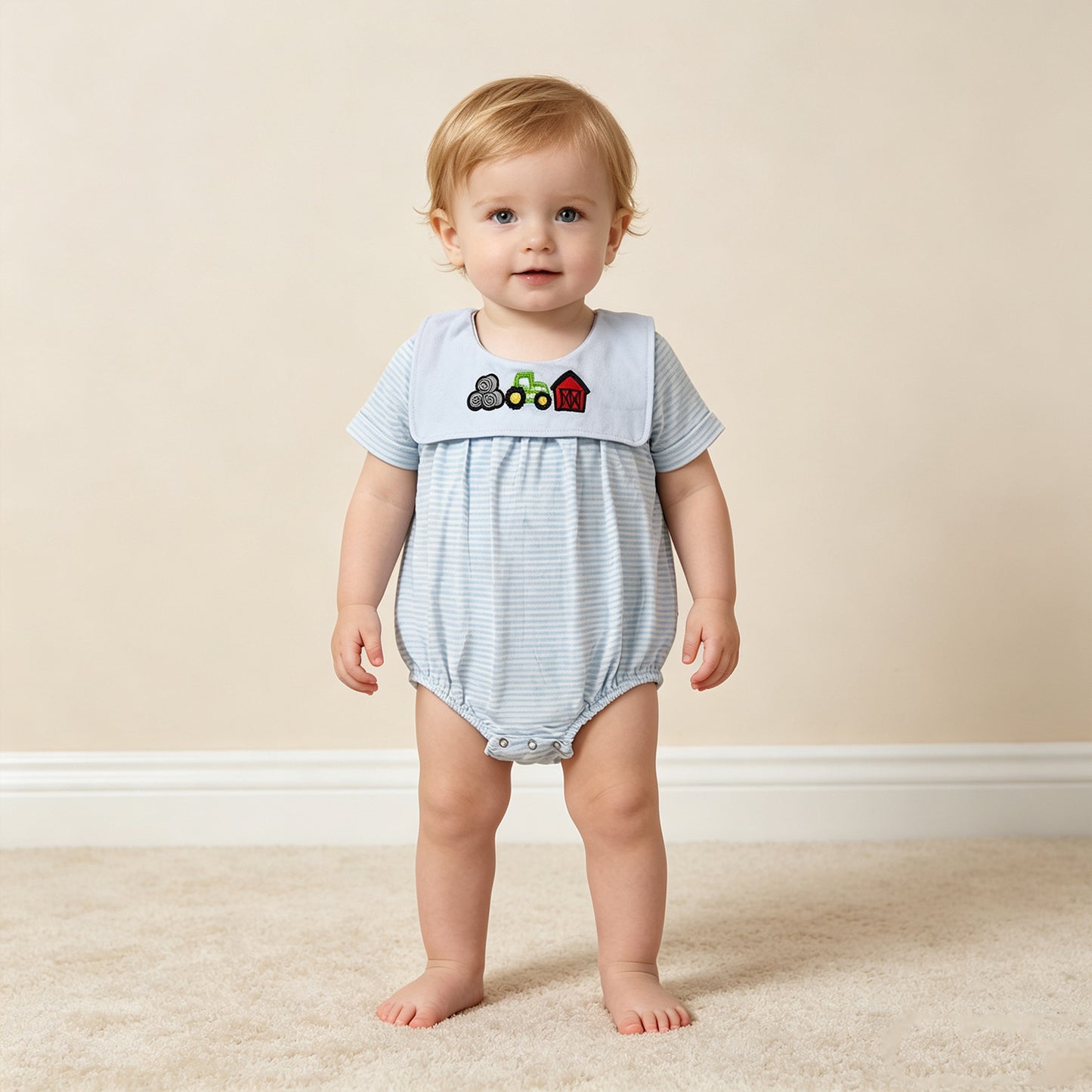 NEW RTS NO MOQ milk silk SR4075 Embroidery Truck House Baby Boys Farm Stripe Rompers