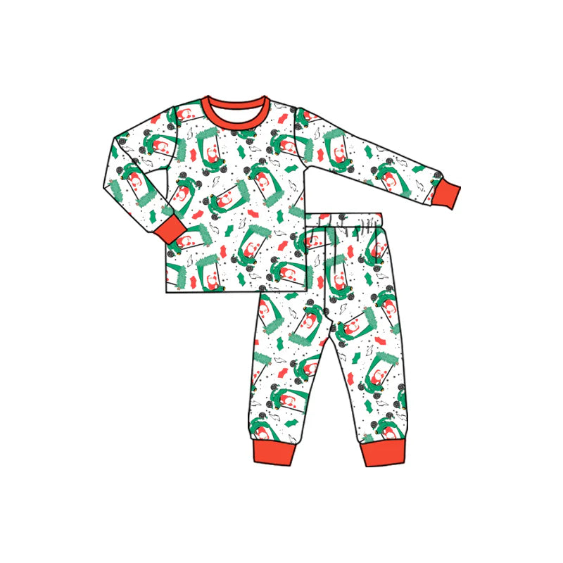 7.12Preorder (moq 5)Baby Boys Long Sleeves Santa Golf Trucks Plaid Top Pant Pajamas Set