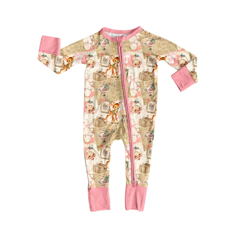 7.15Preorder (moq 5)Baby Girls Long Sleeves Pink Deer Gift Santa Plaid Zipper Romper