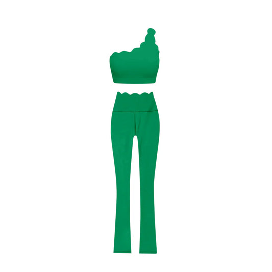 6.28Preorder (moq 5)Baby Girls Green One Shoulder Scallop Top Bell Bottom Pants Yoga Sets