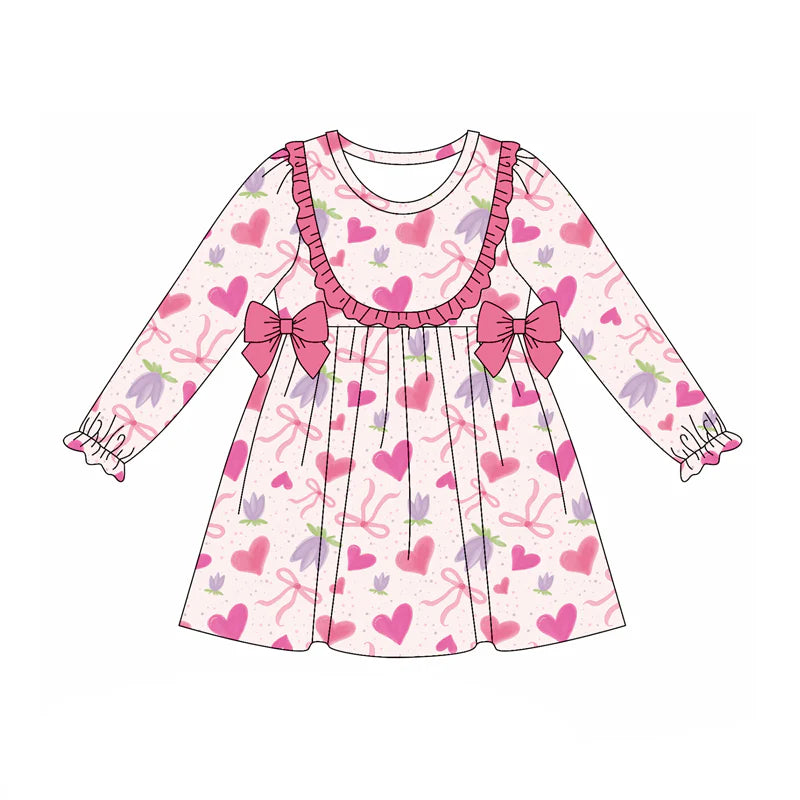 7.21Preorder (moq 5)Baby Girls Long Ruffle Sleeves Pink Hearts Flowers Bows Knee Length Dress