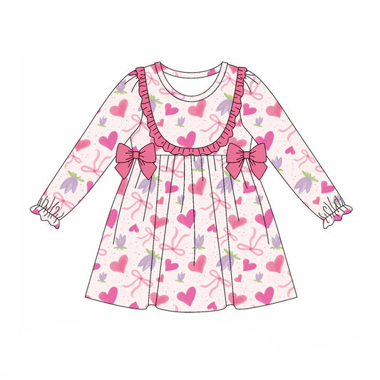7.21Preorder (moq 5)Baby Girls Long Ruffle Sleeves Pink Hearts Flowers Bows Knee Length Dress